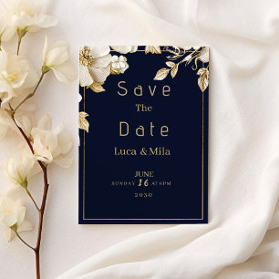 Elegant classic navy blue gold flora Save the Date Invitation