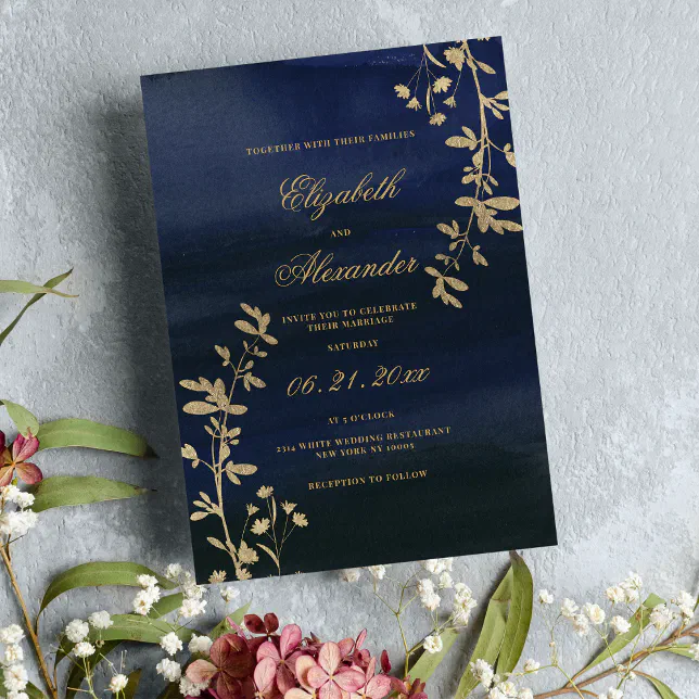Elegant classic navy blue gold floral wedding Invitation | Zazzle