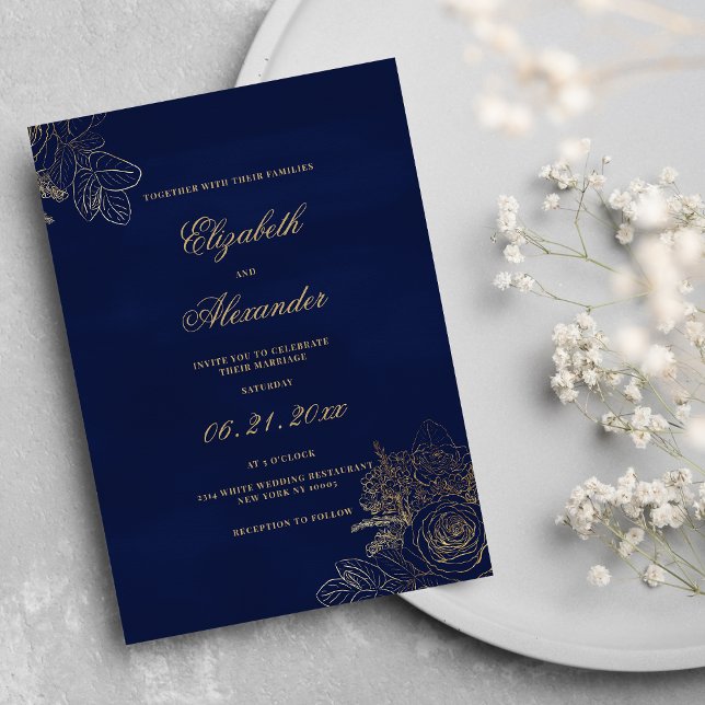 Elegant classic navy blue gold foil floral wedding invitation (Elegant classic navy blue gold foil floral wedding)