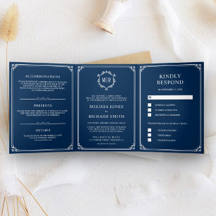 Elegant Classic Navy Blue Monogram Wedding Tri-Fold Invitation