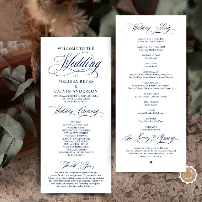 Elegant Classic Navy Blue Script Wedding Ceremony Program (Elegant Classic Navy Blue Script Wedding Ceremony Program Card)