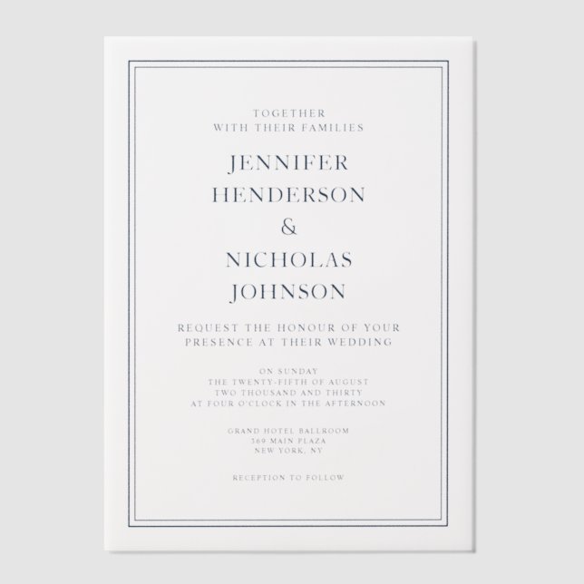 Elegant Classic Navy Blue Wedding Vellum Invitations (Front)