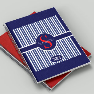 Elegant Classic Navy Red Striped Initial Monogram Planner