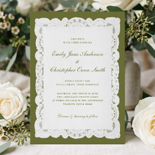 Elegant Classic Olive Green Lace Wedding Invitation