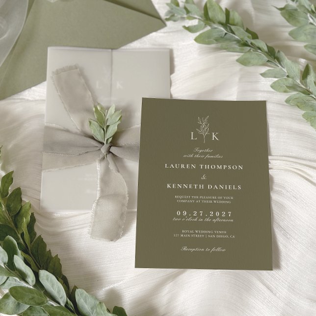 Elegant Classic Olive Green Leaf Monogram Wedding Invitation (Creator Uploaded)