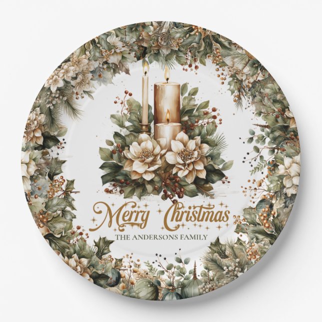 Elegant classic pastel green gold Christmas candle Paper Plate (Front)