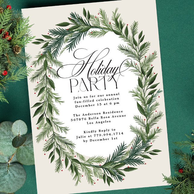 Elegant Classic Pine Wreath Christmas Party Invitation (Creator Uploaded)
