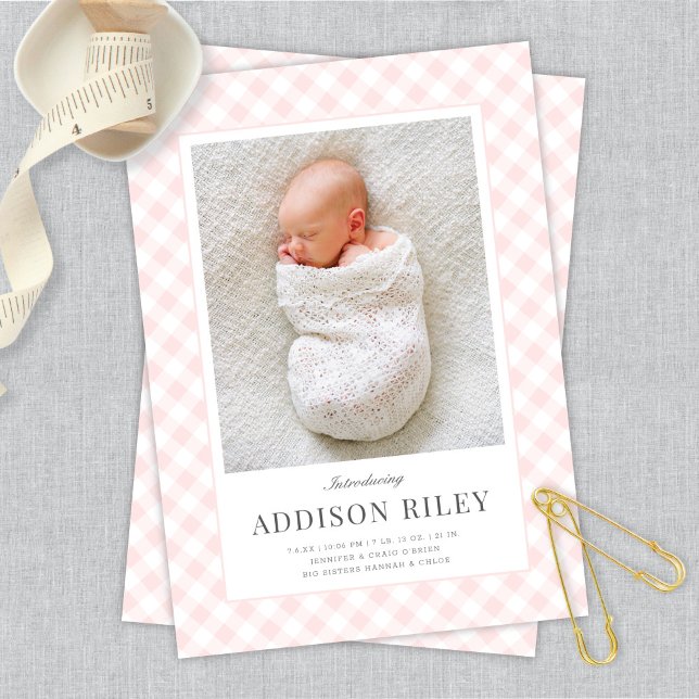 Elegant Classic Pink Gingham Baby Birth Announcement (Creator Uploaded)
