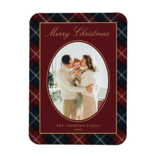 Elegant Classic Plaid Family Photo Christmas Magnet