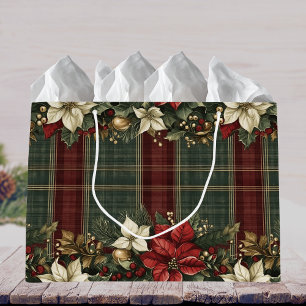 Elegant Classic Plaid Red Poinsettias Holly & Gold Large Gift Bag