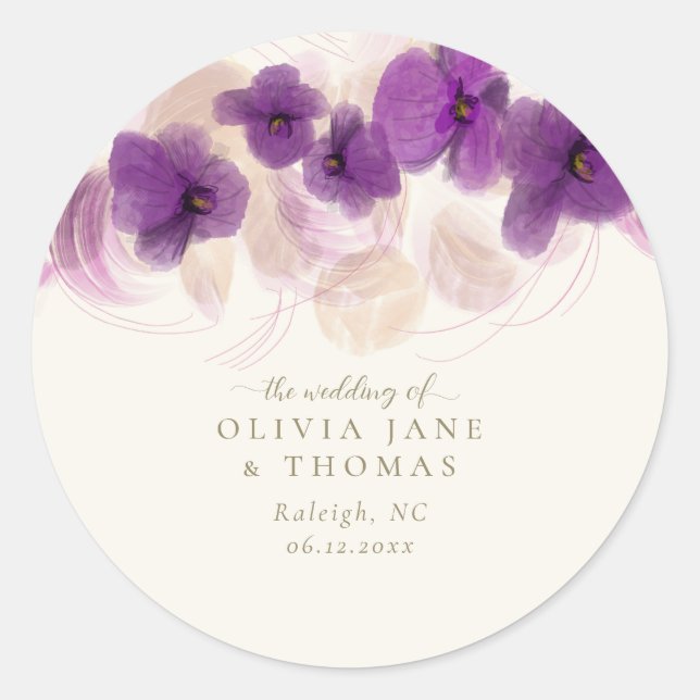 Elegant Classic Purple Orchid Gold Floral Wedding Round Sticker (Front)