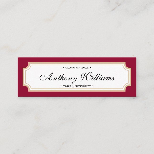 Elegant classic red and gold graduation name card (Front)