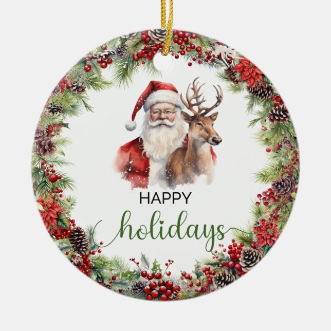 Elegant classic red and green Santa reindeer Ceramic Ornament (Front)