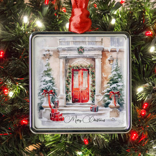 Elegant Classic Red Door Merry Christmas Metal Ornament