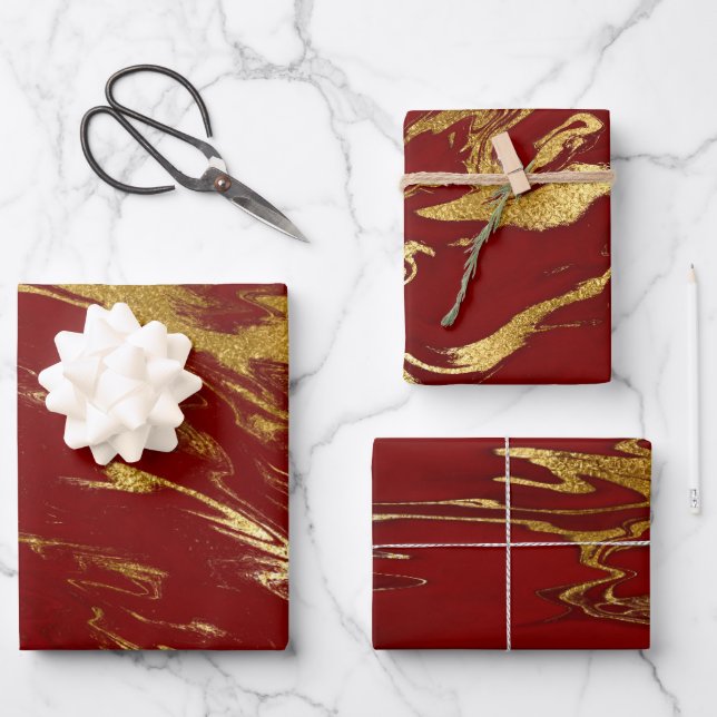 Elegant classic red & gold marble look  wrapping paper sheet (Front)