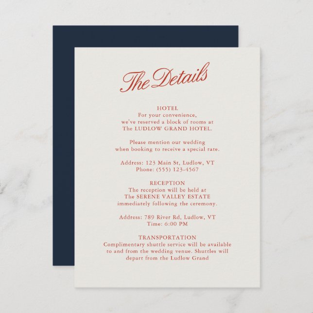 Elegant Classic Red & Ivory Wedding Details Card (Front/Back)