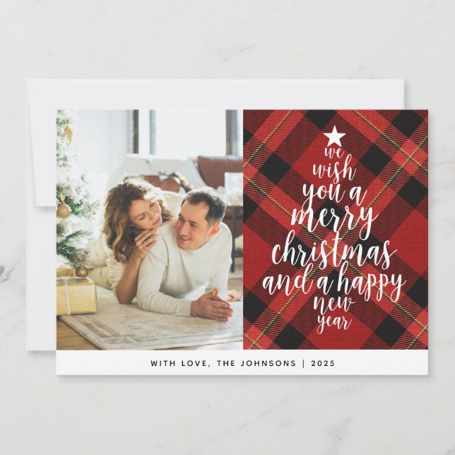 Elegant Classic Red Tartan Family Photo Christmas  Holiday Card (Front)