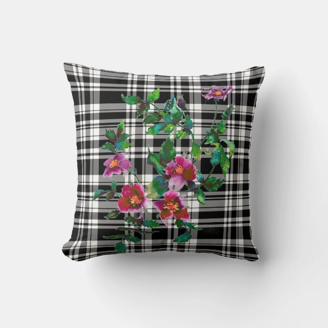 Elegant classic red watercolor floral black white  cushion (Front)