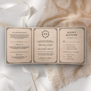 Elegant Classic Rustic Burlap Monogram Wedding Tri-Fold Invitation