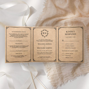 Elegant Classic Rustic Kraft Monogram Wedding Tri-Fold Invitation