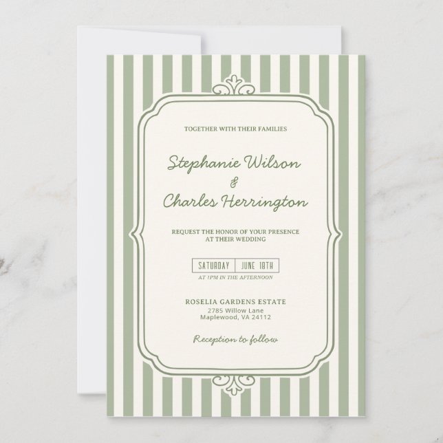 Elegant Classic Sage & Beige Striped Wedding Invitation (Front)