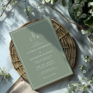 Elegant Classic Sage Green Leaf Monogram Wedding Invitation