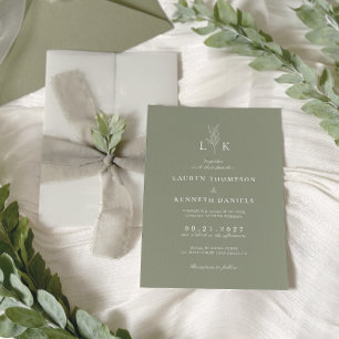 Elegant Classic Sage Green Leaf Monogram Wedding Invitation