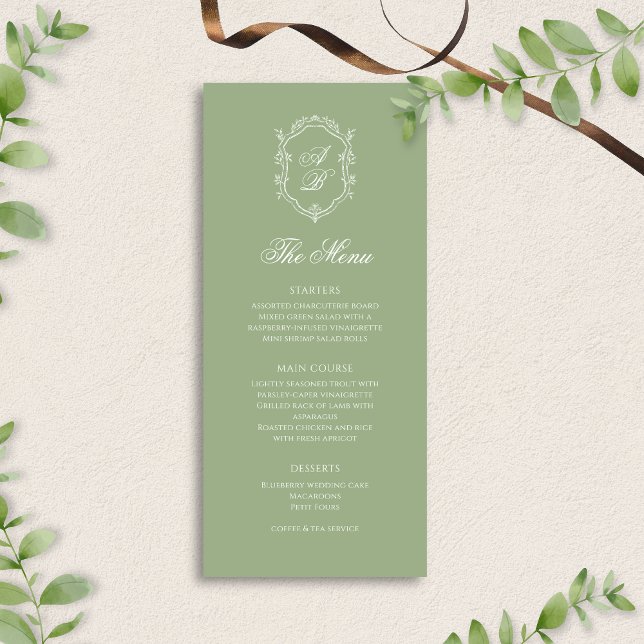 Elegant Classic Sage Green Monogram Crest Wedding Menu (Creator Uploaded)