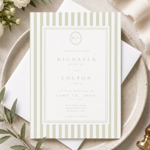Elegant Classic Sage Green Stripe Monogram Wedding Invitation