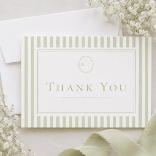 Elegant Classic Sage Green Stripe Monogram Wedding Thank You Card
