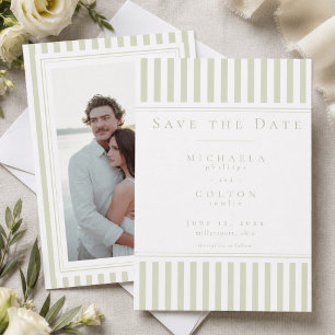 Elegant Classic Sage Green Stripe Photo Wedding Save The Date