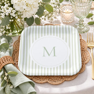 Elegant Classic Sage Stripe Monogram Bridal Shower Paper Plate