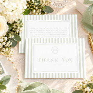 Elegant Classic Sage Stripe Monogram Bridal Shower Thank You Card