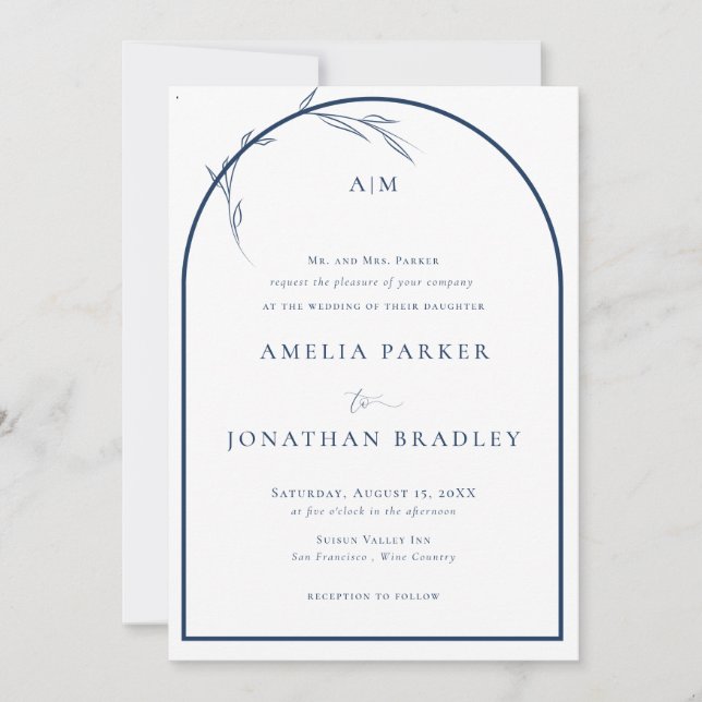 Elegant Classic Script Blue | Formal Wedding  Invitation (Front)