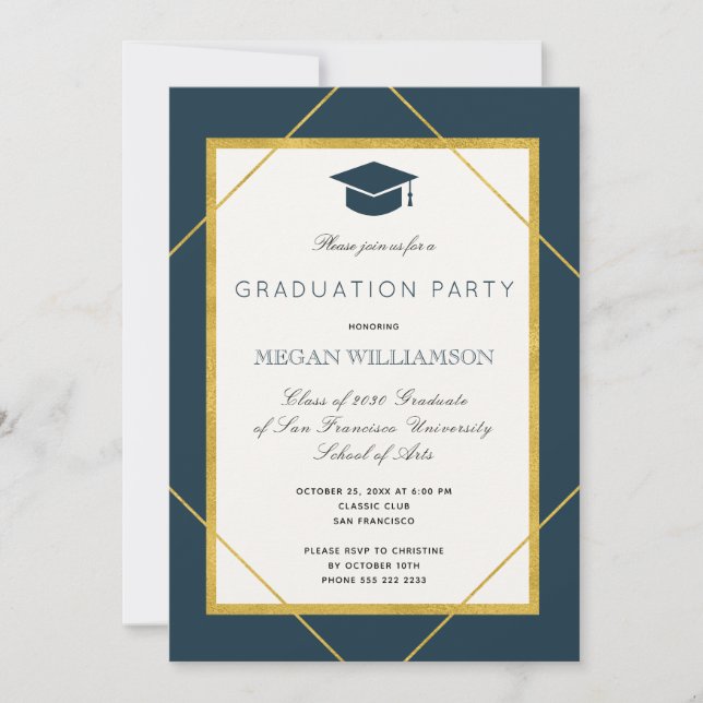 Elegant classic script gold navy graduation party invitation (Front)