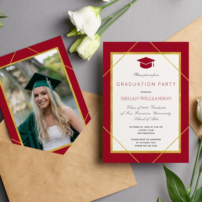 Elegant classic script gold red graduation party invitation (Creator Uploaded)