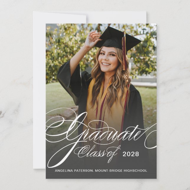 Elegant Classic Script Photo Graduation Announcement (Front)