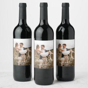 elegant classic script wedding photo thank you wine label