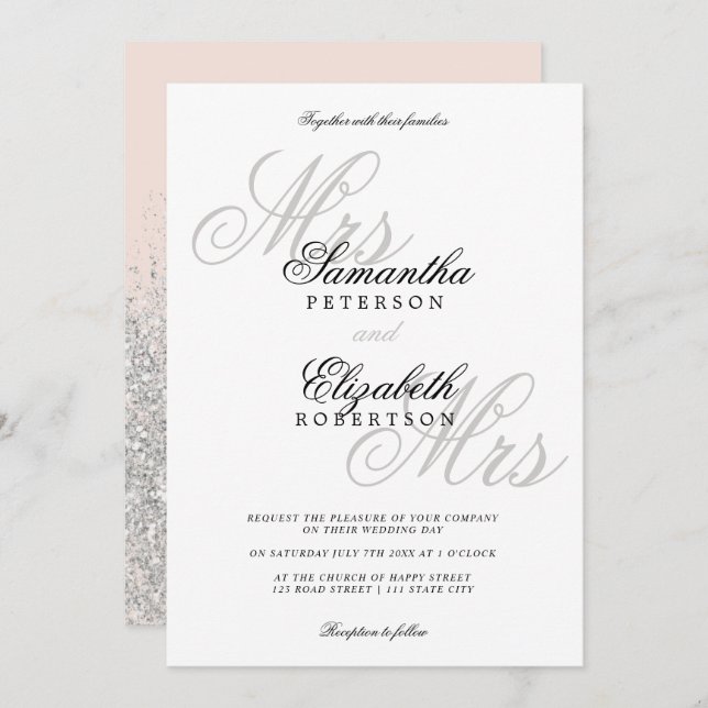 Elegant classic silver glitter lesbian wedding invitation (Front/Back)