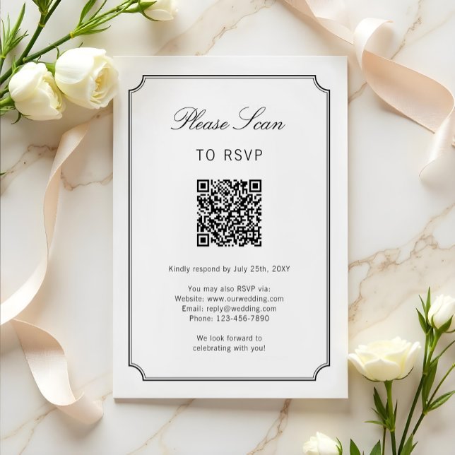 Elegant Classic Simple White Black Frame QR Code RSVP Card (Creator Uploaded)