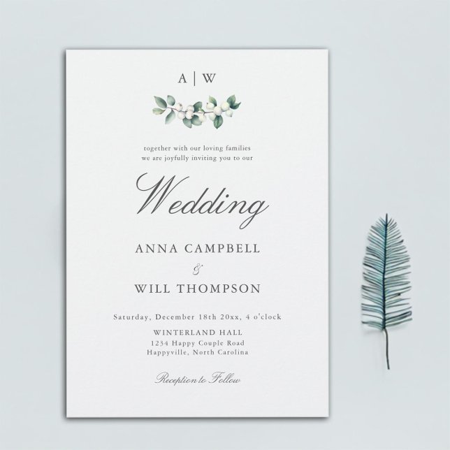 Elegant Classic Snowberry Crest Winter Wedding Invitation (winter wedding invitation monogram crest watercolor snowberry modern classic elegant traditional)