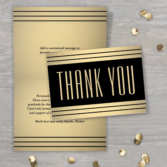 Elegant Classic Stripes Chic Black and Gold Folded Thank You Card (Creator Uploaded)