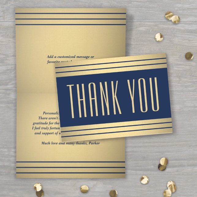 Elegant Classic Stripes Navy Blue and Gold Folded Thank You Card (Creator Uploaded)