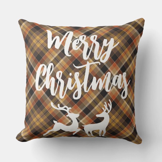 Elegant classic tartan plaid Merry christmas deer Cushion (Front)