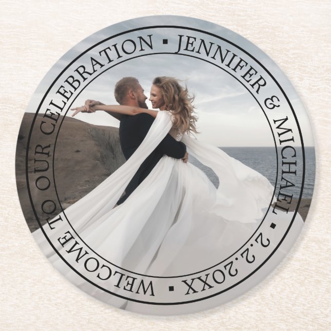 elegant classic typography wedding photo  round paper coaster (Front)