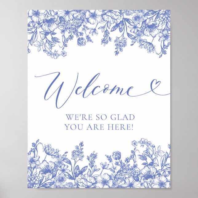 Elegant Classic Vintage Blue Floral Welcome Sign (Front)