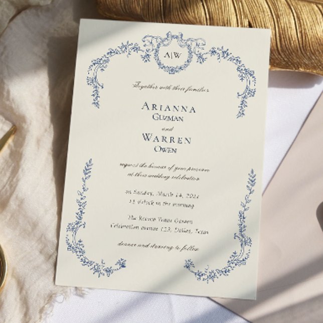 Elegant Classic Vintage Blue Monogram Wedding  Invitation (Elegant Classic Vintage Blue Monogram Wedding Invitation)