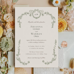 Elegant Classic Vintage Green Monogram Wedding Invitation