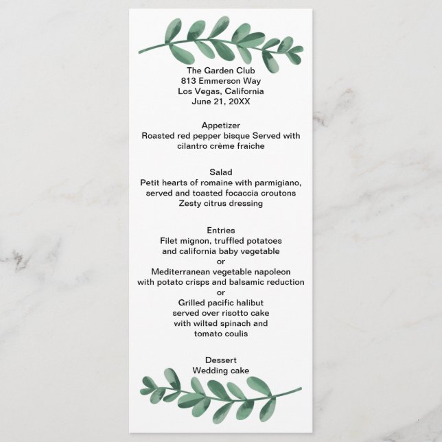 Elegant Classic Watercolor Green Leaves Wedding Menu (Front)