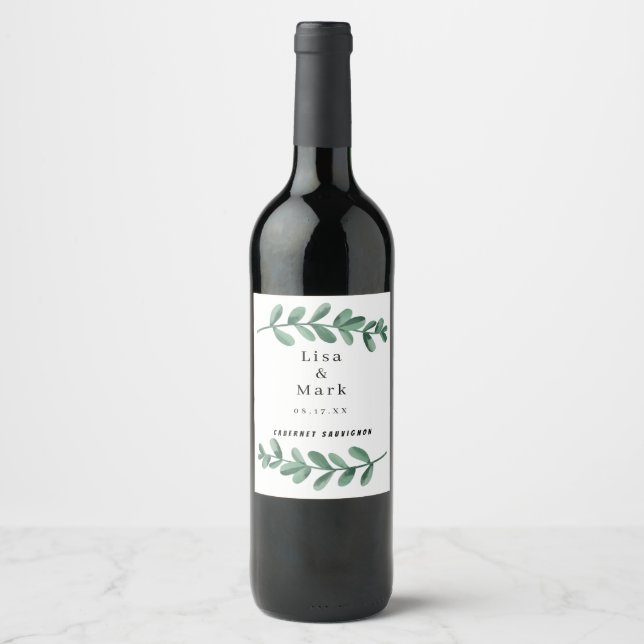 Elegant Classic Watercolor Green Leaves Wedding Wine Label (Front)